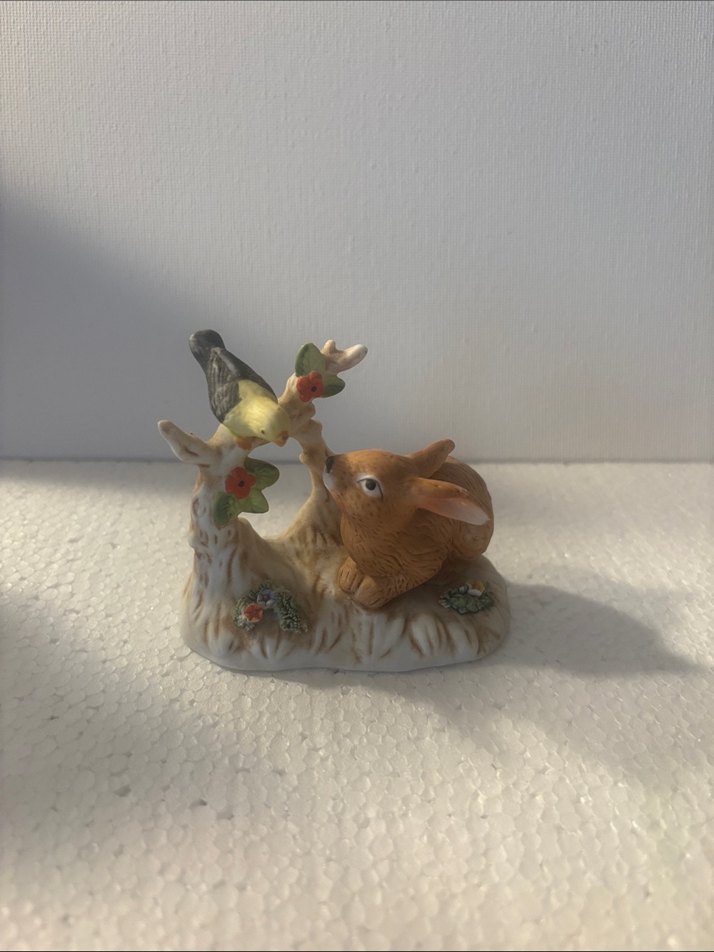 Vintage 1976 Enesco Porcelain Bunny and Bird Figurine - Brown